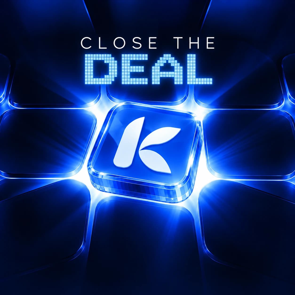 Close the deal : le carré KORA illuminé au centre d'une grille de verre bleu